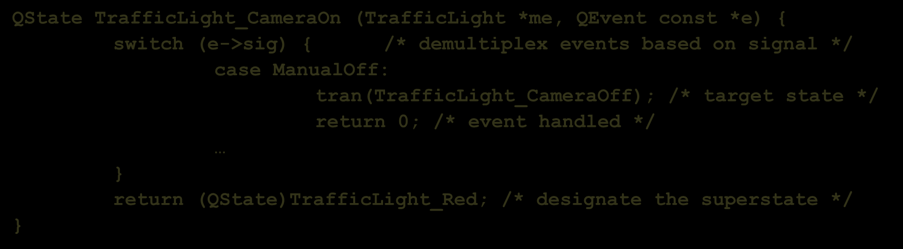 Hierarchikus állapotgép minta (Samek, 2002) QState TrafficLight_CameraOn (TrafficLight *me, QEvent const *e) { switch (e->sig) { /* demultiplex events based on signal */ case ManualOff: