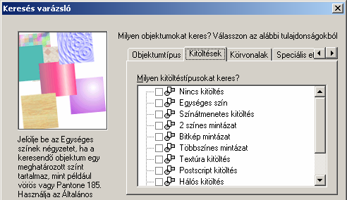 20 RAJZELEMEK TULAJDONSÁGAI Az Objektumtípus párbeszédpanel-lapon választjuk ki a keresendő rajzelem típusát: görbék, téglalapok, ellipszisek, sokszögek, interaktív csatlakozó vonal, szöveg, grafikus