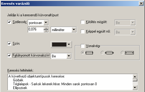 24 RAJZELEMEK TULAJDONSÁGAI 1-18. ábra A következő párbeszédpanelen a keresett körvonaljellemzőket adjuk meg (lásd a 1-19. ábrát).