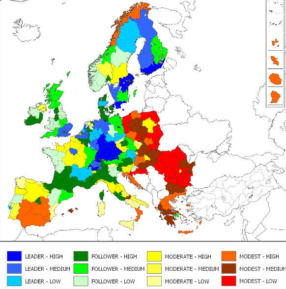 Először is, az innovációs teljesítmények összesített indexének megkonstruálásában élenjáró Európai Bizottságnál készülő Innovation Union Scoreboard 2013-as eredményeit tekintjük (2. ábra).