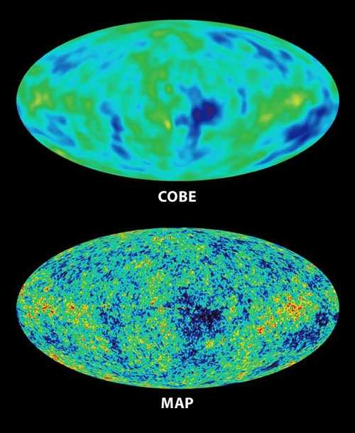 9. ábra. A felső ábra a kozmikus háttérsugárzásnak a COBE műhold által mért egyenetlenségeit szemléltetik, az alsó a MAP műhold által mért jóval jobb felbontással mért értékek.