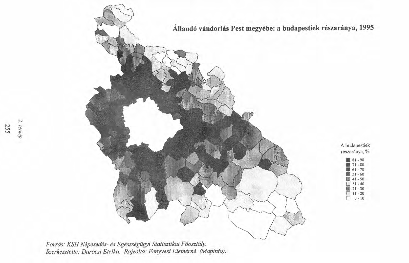 -Állandó vándorlás Pest megyébe: a budapestiek részaránya, 1995 N VI VI N * A budapestiek részaránya, % 81-90.71-80 61-70 SI-60 III 41-50!