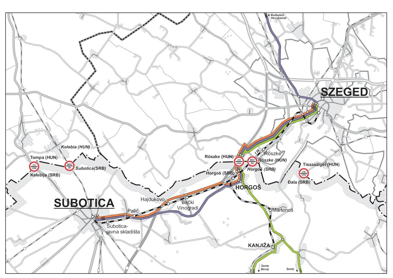 4 1. slika Prekogranična zajednička saobraćajna mreža ispitanog teritorija Prema momentalnom redu vožnje između Segedina i Subotice, samo za vreme trajanja školske godine, u petak i u nedelju se