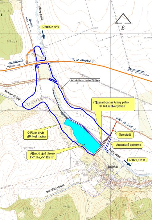 2, 3. A háttér, a projektelem bemutatása a projekt céljainak meghatározása A háttér: az 1965-ös árvíz és a HVK események Tározó műszaki paraméterei: Tározó helye: Arany patak 8+140km szelv.