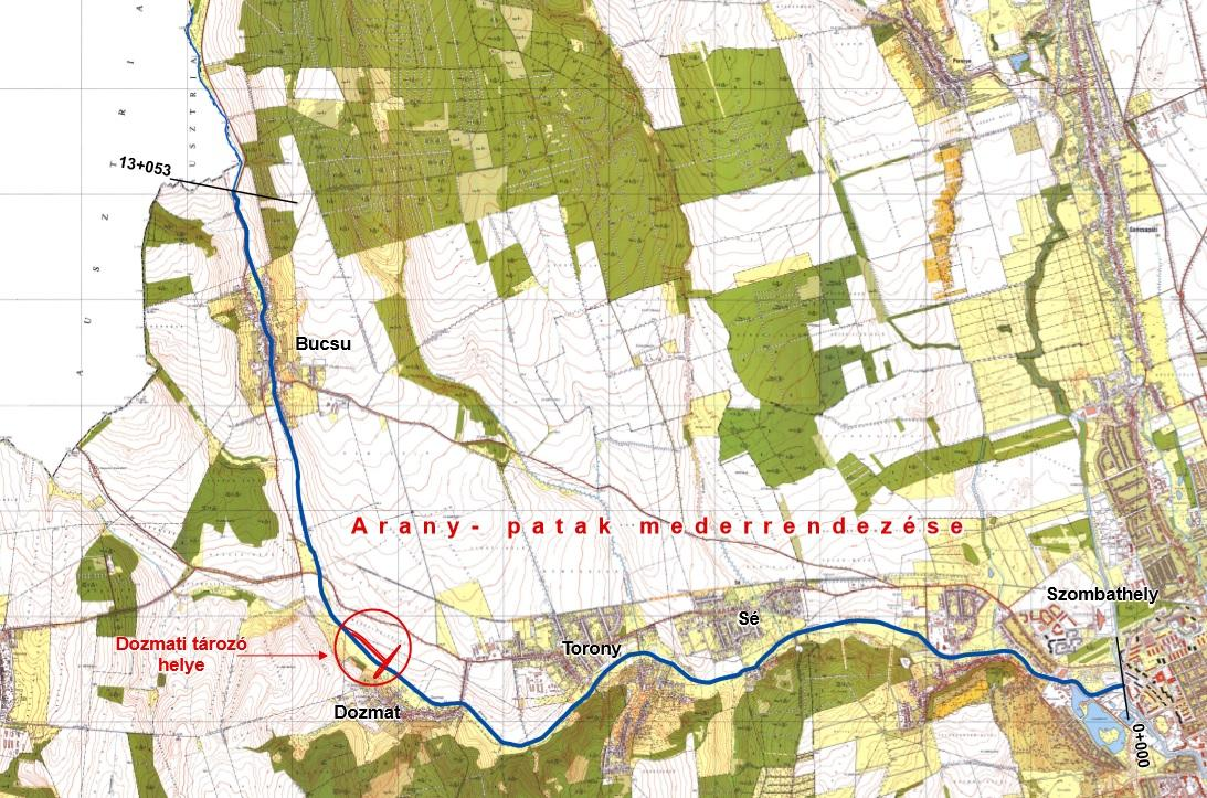 Arany patak mederrendezésének paraméterei: Az Arany patak 0+000-13+050km szelvények közötti belterületi és külterületi (Szombathely, Sé, Torony, Dozmat, Bucsu) szakaszai érintettek mederrendezéssel,