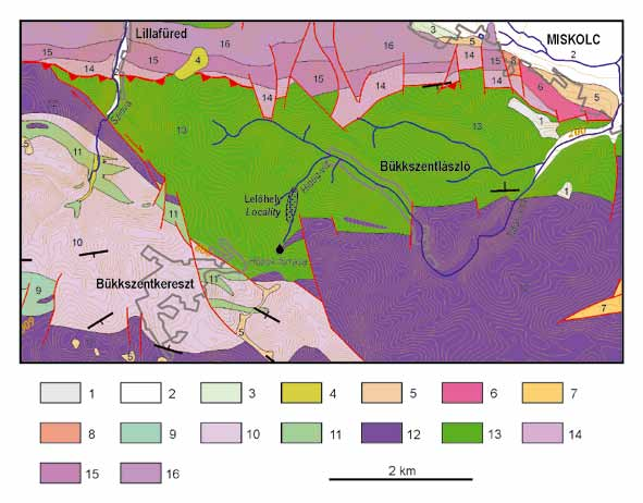 12 Fehér Béla 1. kép. A Miskolc-Bükkszentlászló és Bükkszentkereszt közötti terület földtani térképe (RÓNAI LESS 2005 alapján, módosítva).