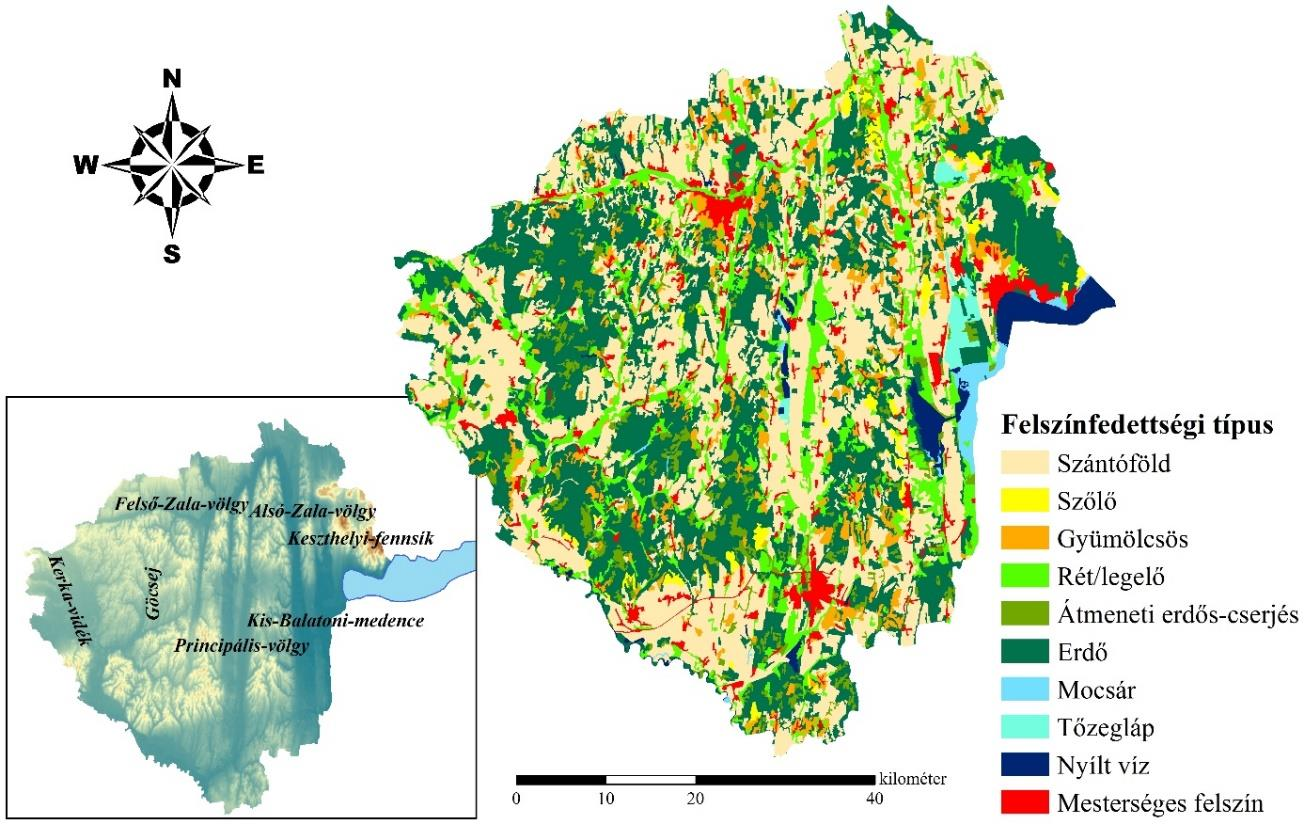 IV.3. ábra Zala megye felszínfedettségi térképe (CORINE LC 2012 alapján) A megye változatos természetföldrajzi adottságokkal rendelkezik, melynek kialakításában hosszú időn át tartó komplex geológiai