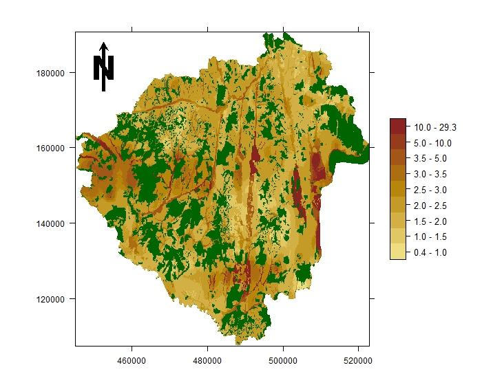 VI.9. ábra Zala megye szervesanyag-tartalmának térbeli becslése regresszió krigeléssel (Megjegyzés: zöld szín jelöli a Digitális Kreybig Talajinformációs Rendszer szerint erdővel borított