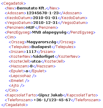 1.2 Cégadatok A cégadatok az XML fájlban található adatok azonosítása, illetve a főkönyvi kivonat használata miatt szükséges. Ezért a címkéket, többnyire kötelező megadni a fájl elkészítése során.