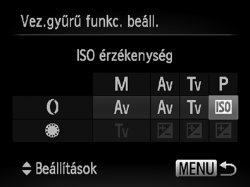 Beállítás a vezérlõgyûrû segítségével Funkciók rögzítése a vezérlőgyűrűhöz Rögzítheti, hogy milyen funkciók legyenek a vezérlőgyűrűhöz rendelve az egyes felvételi módokban. Válassza a beállítást.