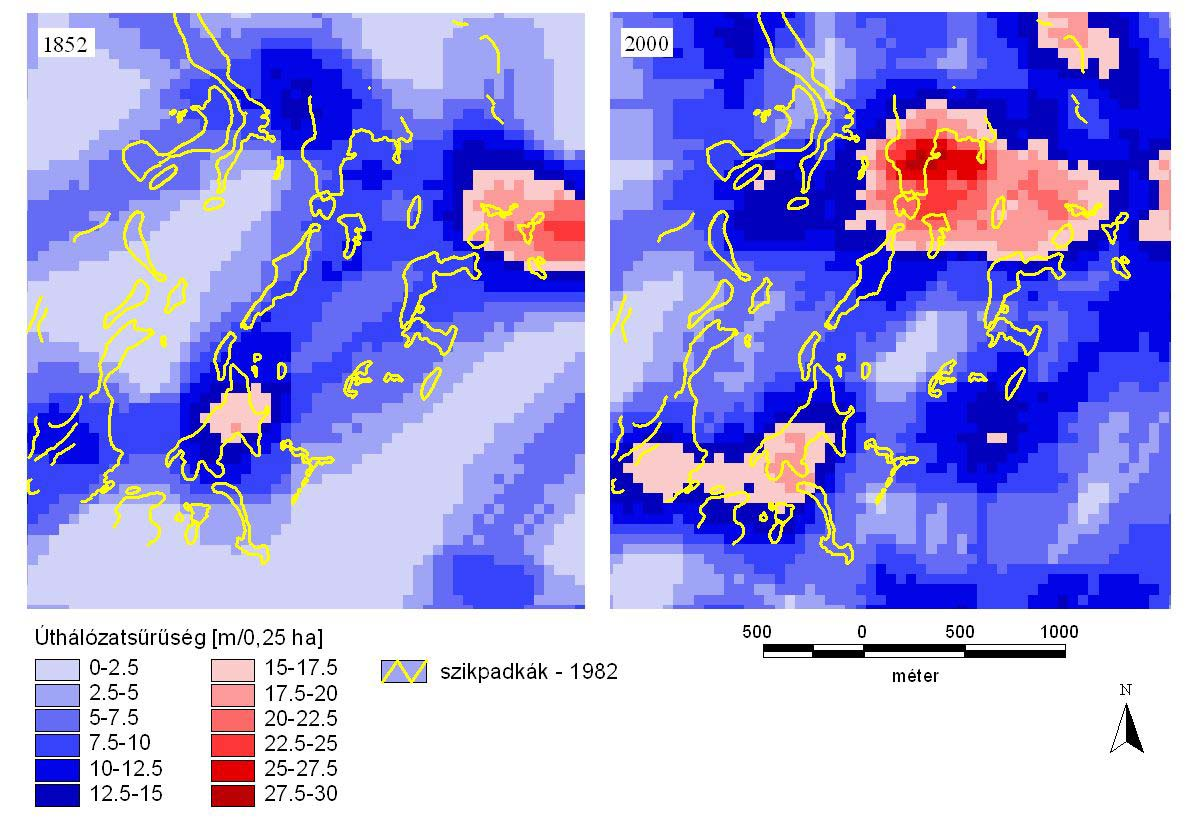 8. ábra A mesterséges, lineáris jelenségek hálózatsűrűségének alakulása Miklapusztán 1980 2000 közötti időben jól megfigyelhető, degradálódó felszíneket a mintaterületen is, valamint az alábbi