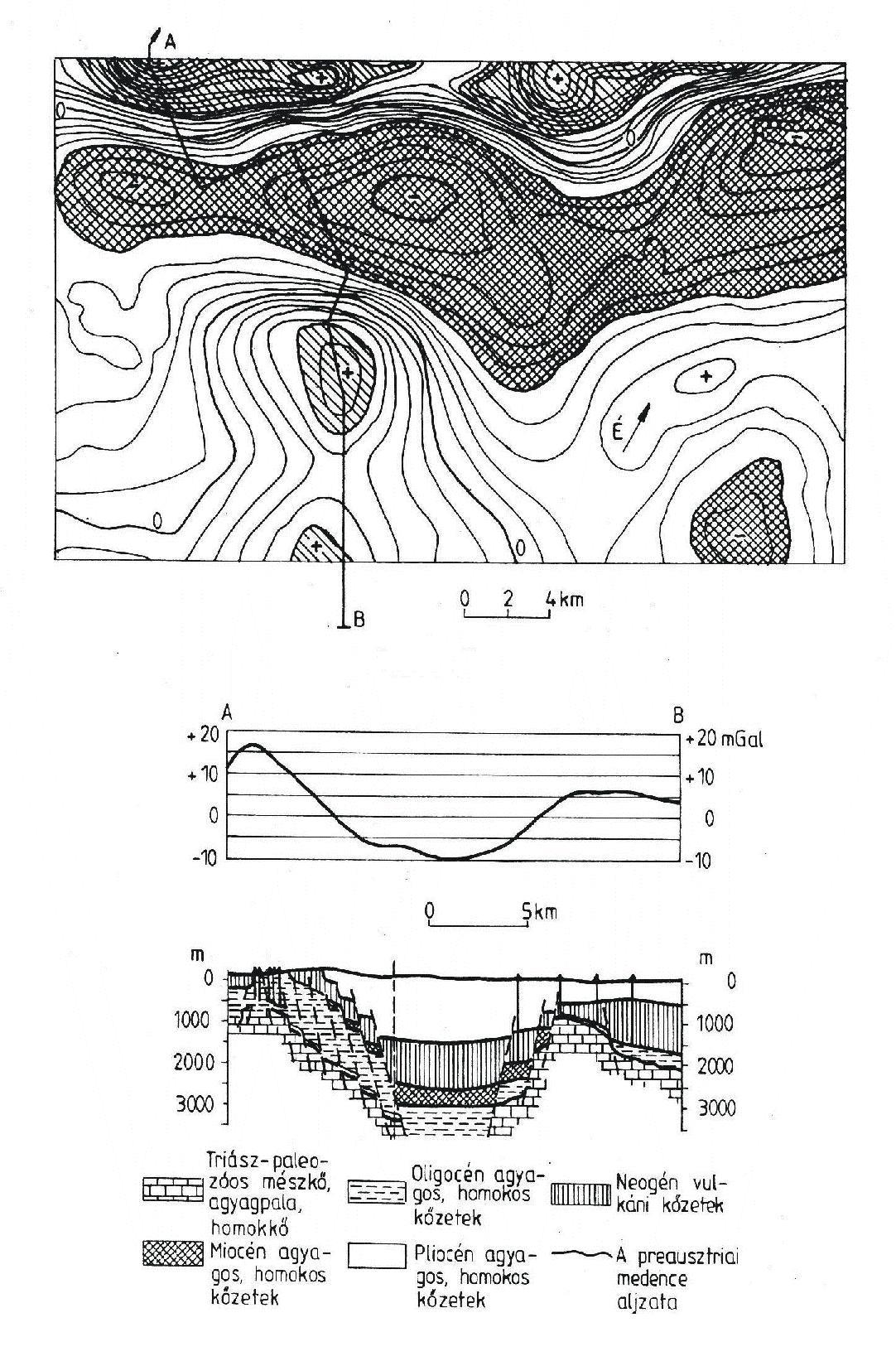 1.18. ábra: Bouguer-anomália térkép (felül), Bouguer-anomália szelvény (középen), a szelvény alatti geológiai árokszerkezet 13 A Bouguer-anomália térkép fontos jellemzője, hogy jó felbontás nélkül