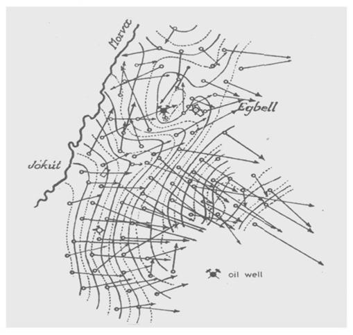 1.5. ábra: Az első horizontális gradiens térkép a Balaton jegén elvégzett Eötvös-inga mérések (1901-1903) alapján 1.6.