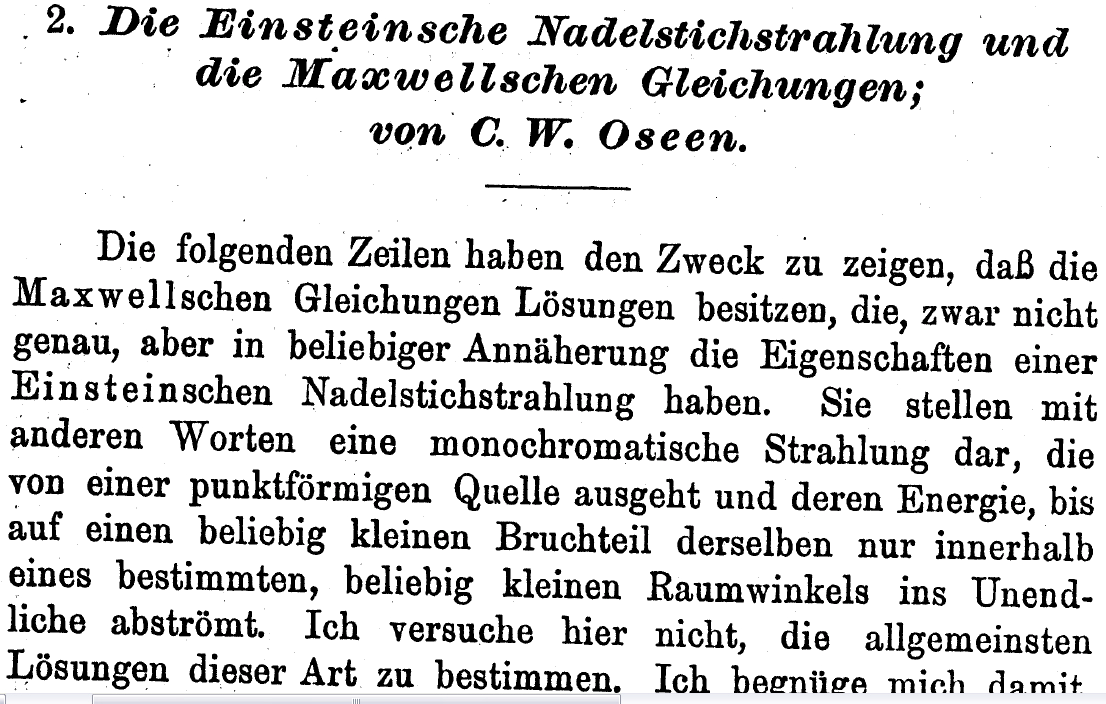 C. W. Oseen [ 9 ] Einstein-féle tűsugárzás [ Nadelstichstrahlung ] I.