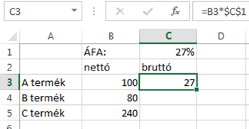 Az utolsó hivatkozás után ENTER billentyűt leütve az Excel a művelet értékét jeleníti meg a képletet tartalmazó cellában.