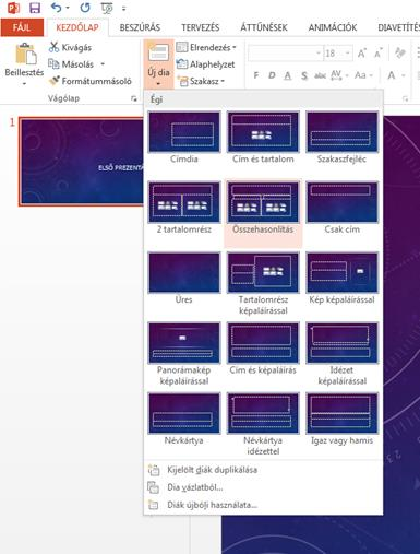 - A Menüszalagon a Kezdőlap főlapon az Új Dia menüpontra kattintunk (53. ábra). Ennél a megoldásnál még a beszúrni kívánt dia elrendezését is kiválaszthatjuk. 53.