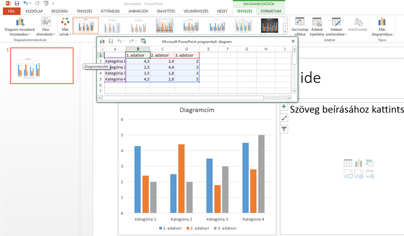 58. ábra: Diagram beszúrása Ebben a táblázat végrehajtott minden módosítás hatással lesz a dián belül megjelenő diagramra. 4.3.7.
