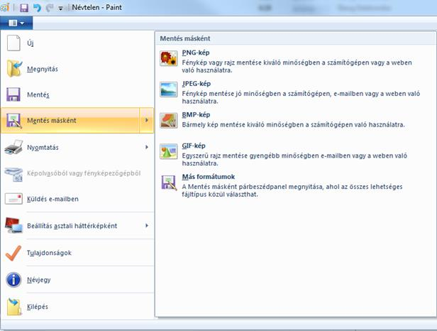 60. ábra: A Paint által kezelt mentési formátumok A Paint különböző képformátumú állományokat épes megnyitni és az általa kezelt mentési formátumokba menteni. 4.4.2.