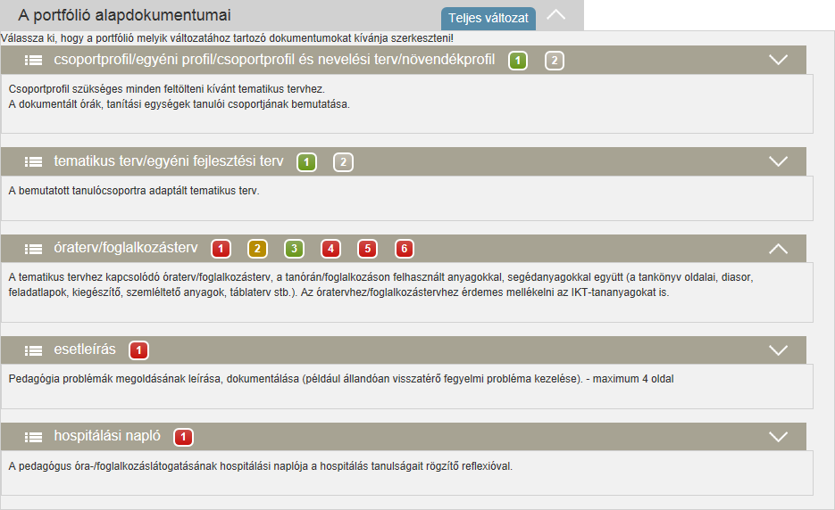 A fenti képernyőképen levő státuszok azt jelentik, hogy a felhasználó a véglegesítésnek megfelelő módon feltöltött egy csoportprofilt, egy ahhoz kapcsolódó tematikus tervet és ehhez a tematikus