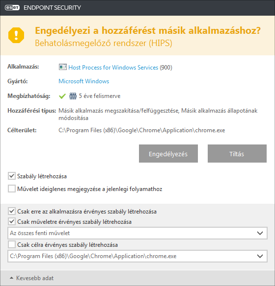 3.9.1.8.2 A Behatolásmegelőző rendszer interaktív ablaka Ha egy szabályhoz alapértelmezés szerint a Rákérdezés van megadva, a szabály aktiválásakor minden alkalommal megjelenik egy párbeszédpanel.