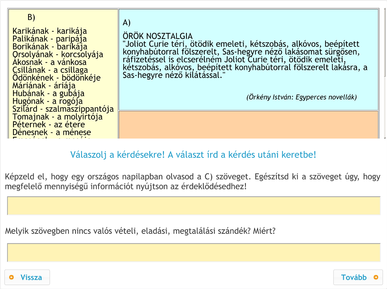 Az olvasás-szövegértés alkalmazási dimenziójának online diagnosztikus értékelése 4. Gondolkodási művelet: értelmezés.