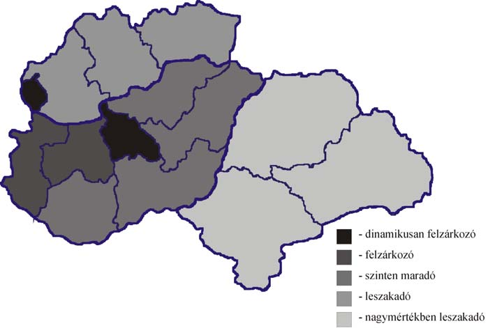 Ennek eredménye, hogy az időintervallum alatt a nyugati és keleti területek közötti különbség fokozódott, a képzeletbeli olló szárai kinyíltak. 3. ábra: a régiók jövedelemi pozíciójának változása.