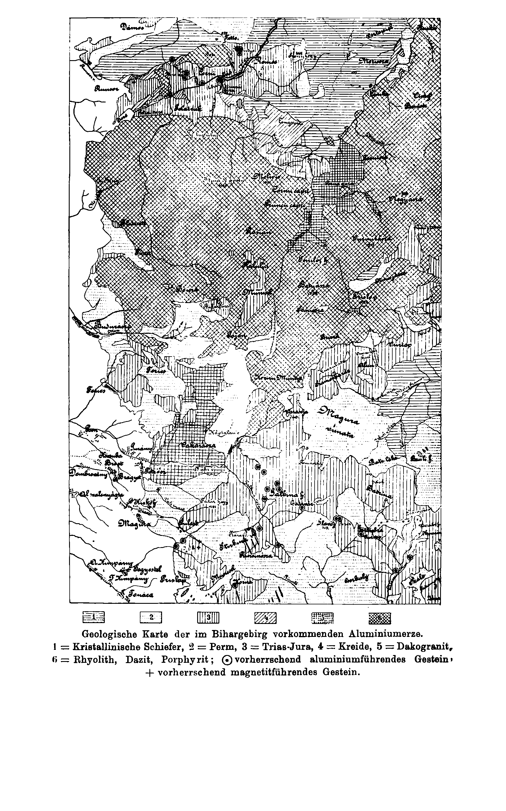 Geologische Karte der im Bihargebirg vorkommenden Aluminiumerze.