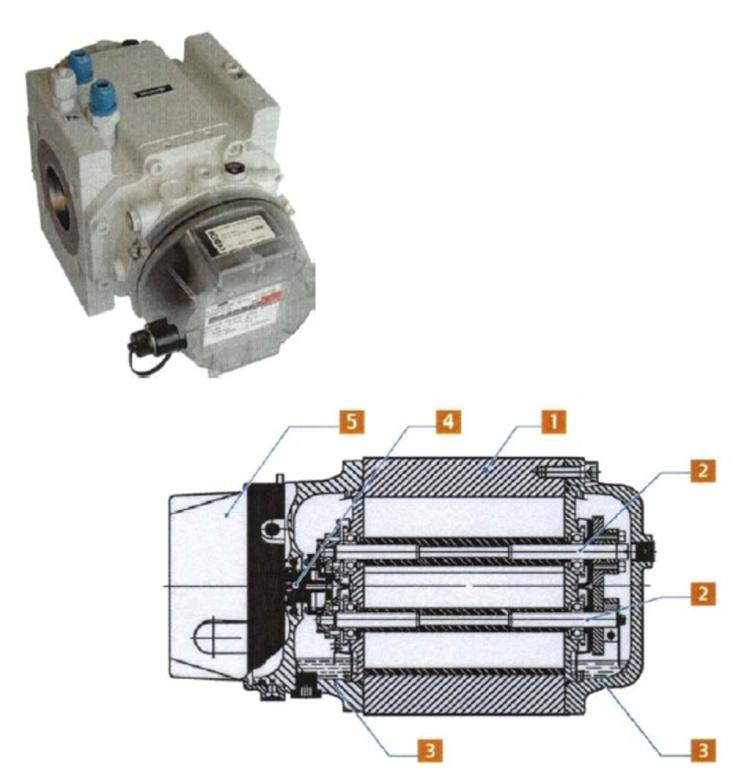 Új forgódugattyús mérő (Delta) a mérőház által körülfogott mérőkamra és a két alaplemez (1).