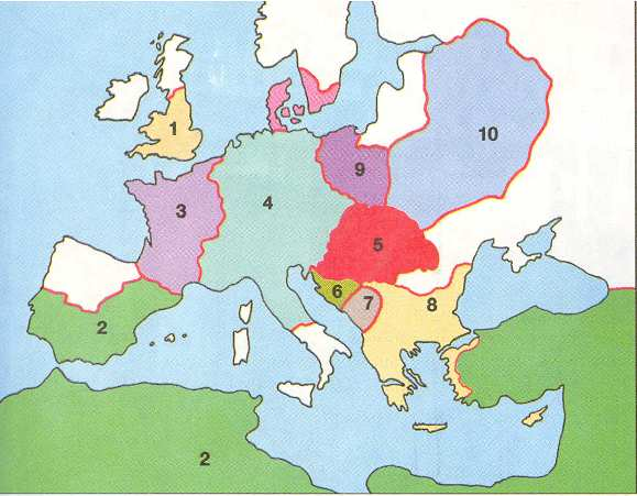 5. Tanulmányozd a térképet! Írd be a lenti táblázatba az állításhoz tartozó állam nevét és számát! k l /12 (Európa 1000 körül) Az állítás Az állam neve Száma Ezt az államot kalifák irányították.