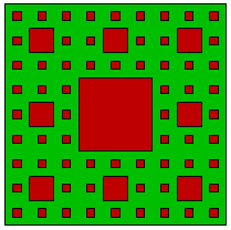 négyzetet kivágjuk A Sierpinski négyzet úgy keletkezik, hogy egy :h oldalhosszú négyzet alakú lapból kivágjuk a középső kilencedrészt, majd a megmaradt nyolc :h/3 oldalhosszú négyzetre ugyanezt