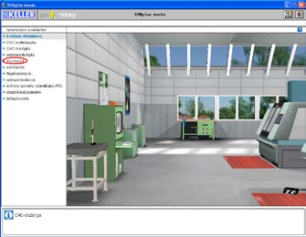 A KELLER rendszer virtuális műhely moduljában az [F1] gombra való kattintást követően egy CNC üzemben találjuk magunkat, amelyben megtalálhatók a számjegyes vezérlésű szerszámgépek mellett a műszaki