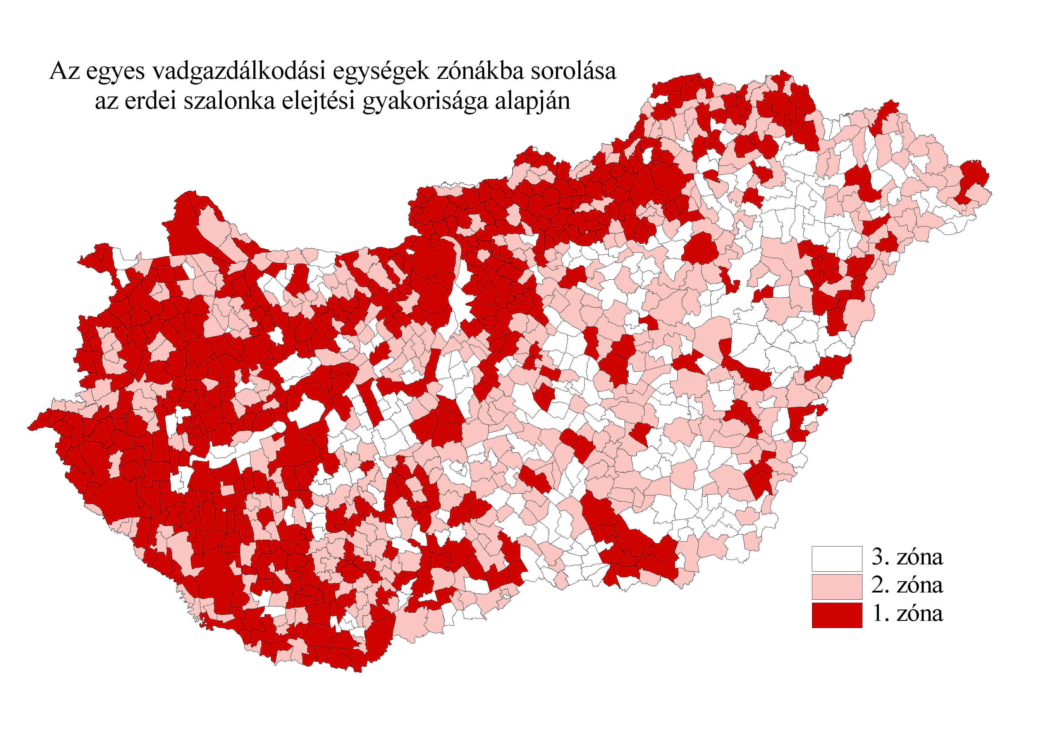 2. ábra. Az egyes vadgazdálkodási egységek zónákba (csoportokba) sorolása az erdei szalonka elejtési gyakorisága alapján. A szalonkaterítékkel nem rendelkező területek alkotják a 3.