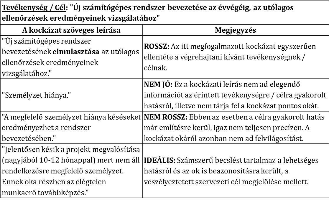 Stratégiai kockázatok Működési kockázatok Humán erőforrás kockázatok Pénzügyi kockázatok Megfelelőségi kockázatok Integritási kockázatok Korrupciós kockázatok Biztonsági kockázatok Informatikai