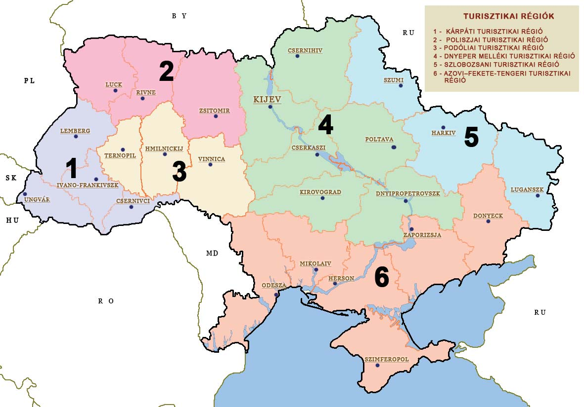 1. ábra. Ukrajna turisztikai régiói Pancsenko, T. szerint FORRÁS: PANCSENKO T. 2005; SZERKESZTETTE: TARPAI J. turisztikai régiót alkot.