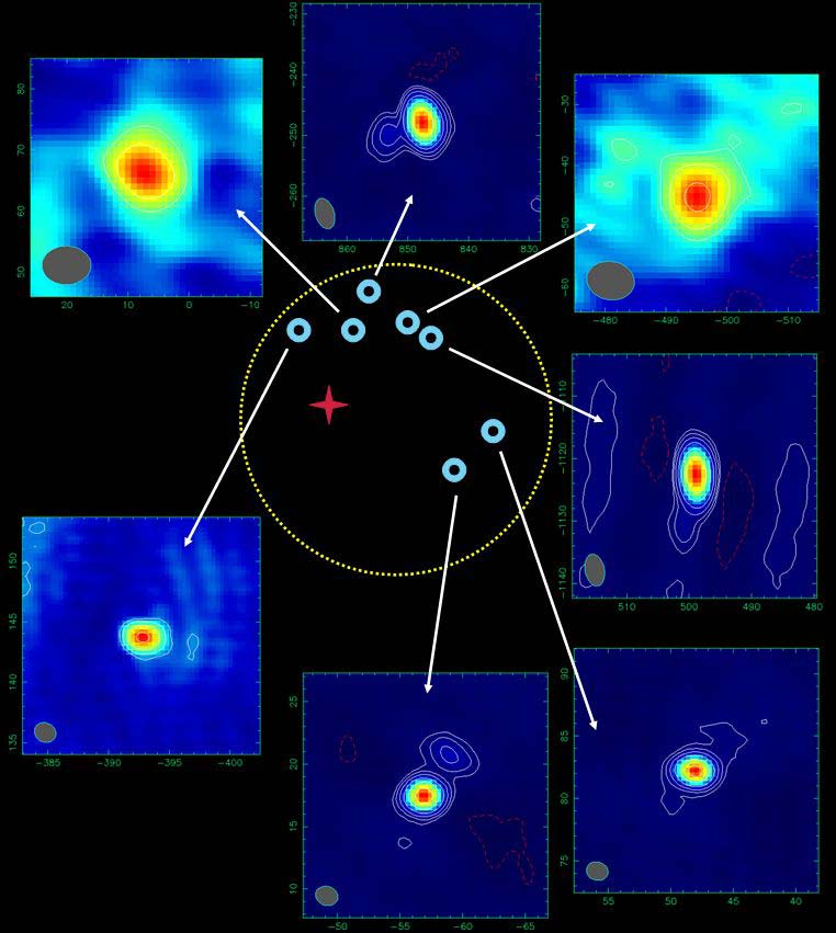 Egy pontos ICRF koordinátákkal rendelkező kalibrátor kvazár (J0603+2159, piros kereszttel jelölve) környezetében az EVN-nel 2006 novemberében talált kompakt rádióforrások (Frey et al. 2007, Proc.