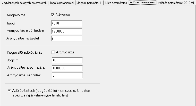 Adózás paraméterek fül 2010 előtti szabályozás szerinti adózási beállítások. 88.