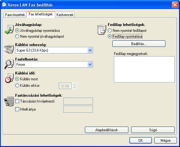 Kiegészítő LAN-fax funkciók Faxlehetőségek A Munka típusaként adja meg a Fax beállítást, majd nyomja meg a Beállítás gombot. A LAN-fax lehetőségei képernyőn válassza a Faxlehetőségek fület.