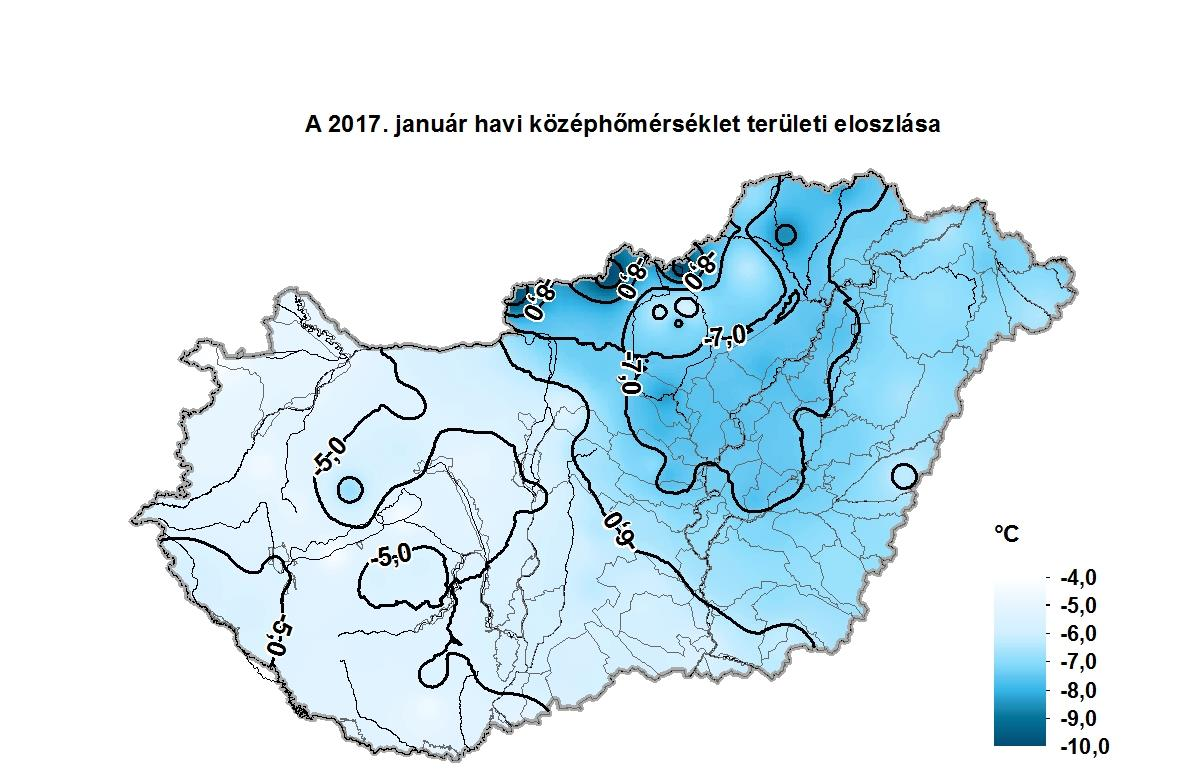 Léghőmérséklet A január havi középhőmérséklet -9,5 C (Tésa) és -4,1 C (Sopron-Fertőrákos) között alakult, az országos területi átlagérték -6,0 C volt, ami a sokévi (1971-2000)