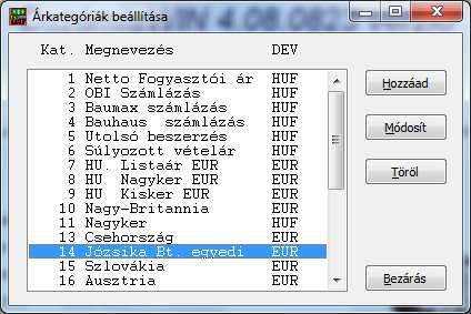 3.2.5 Árkategóriák beállítása A program az első 6 árkategóriát fenntartja. Az 1-4 megnevezése itt átírható, de az 5 és 6 fix.