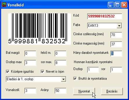 3.2.7 Vonalkód nyomtatás A program a raktárlistában tárolt termékekhez tud vonalkód matricát nyomtatni tetszőleges 300 dpi felbontású nyomtatóra, A/4-es címke hordozóra.