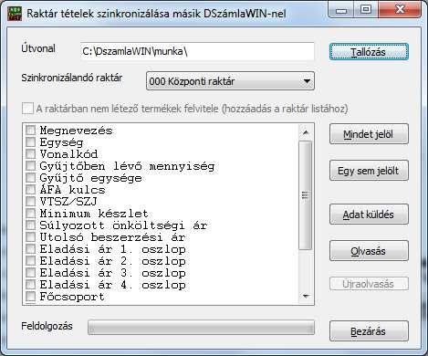 3.10.9 Adatok szinkronizálása másik DszámlaWIN-nel Egy másik DszámlaWIN programból készült mentésből lehet bizonyos adatokat szinkronizálni.