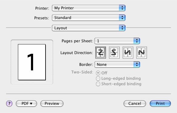 Layout (Elrendezés) Pages per sheet (Oldal/lap) A többoldalas dokumentumok lekicsinyíthetők, és egyetlen lapra is kinyomtathatók.
