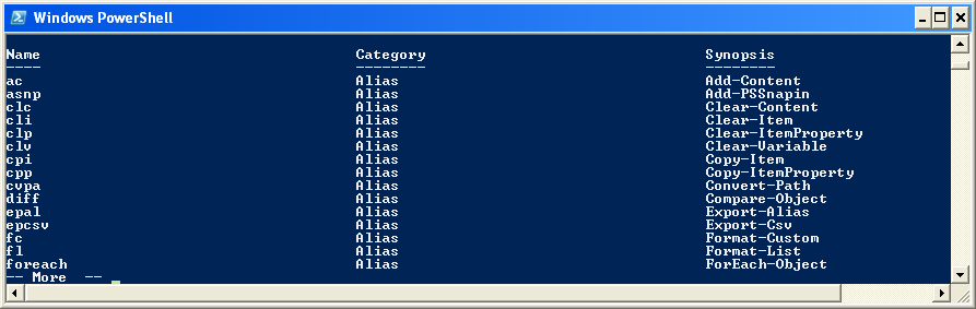 2.oldal PowerShell 1.0 A PowerShell -ben (PS) a parancsok formája ige-főnév típusú pl. (Get-Help), de van lehetőség alias -ok definiálására is, amellett, hogy rengeteg beépített alias is van. Pl.