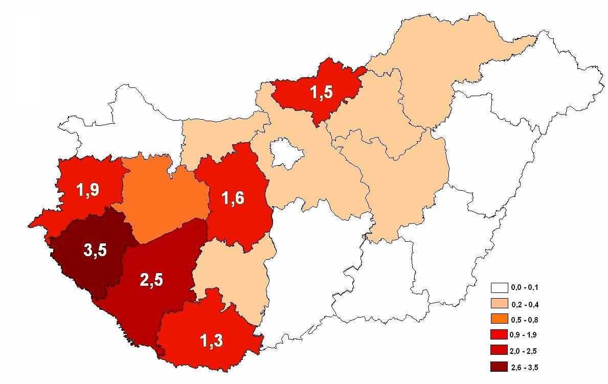 júniusban és júliusban fordult elő. A megbetegedéseket a főváros és 13 megye területén regisztrálták.