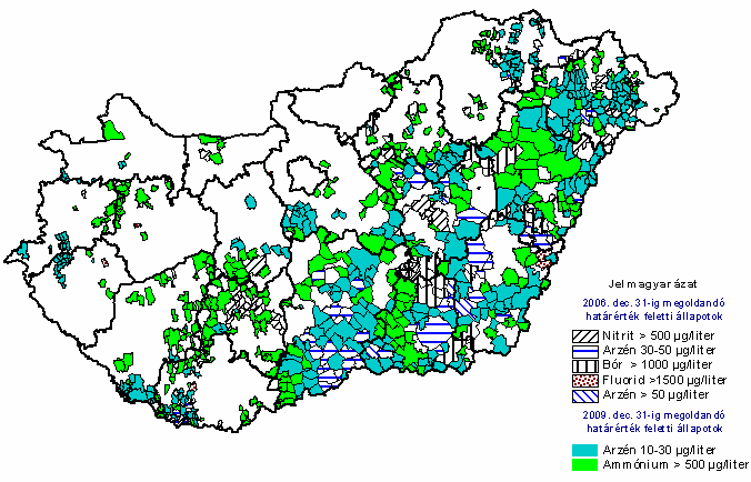 7. ábra Az ivóvízminőség javításában érintett települések, főbb szennyezőanyagonként M) A felszín alatti vizeket potenciálisan veszélyeztető pontszerű szennyezőforrások száma megalapozott becslés