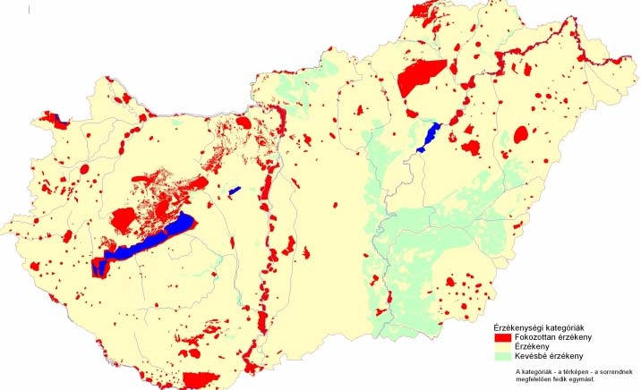 8. ábra: Felszín alatti vizek állapota szempontjából érzékeny területek (219/2004 (VII.21.) Kormány Rendelet 2.