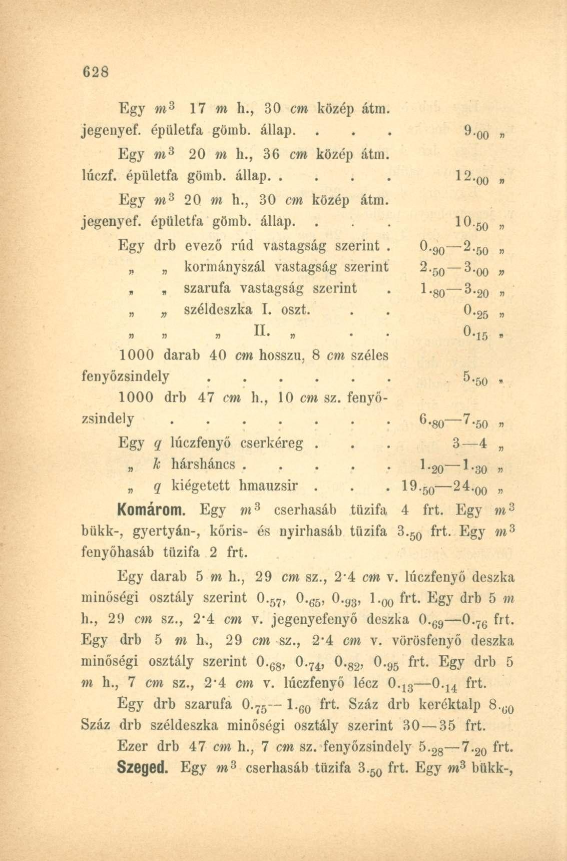 Egy»w 3 17 m h., 30 cm közép átm. jegenyef. épületfa gömb. állap. 20 m h., 36 cm közép átm. lúczf. épületfa gömb. állap.. 20 m h., 30 cm közép átm. jegenyef. épületfa gömb. állap. Egy drb evező rúd vastagság szerint kormányszál vastagság szerint szarufa vastagság szerint széldeszka I.