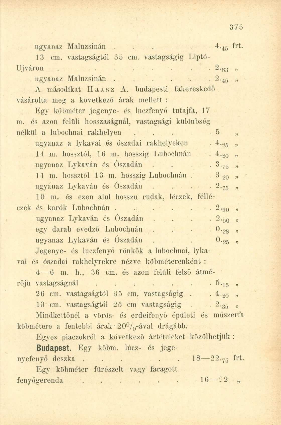 ugyanaz Maluzsinán..... 4. 45 13 cm. vastagságtól 35 cm. vastagságig Liptó- Újváron...... 2-83» ugyanaz Maluzsinán. 2-45 A másodikat Haasz A.