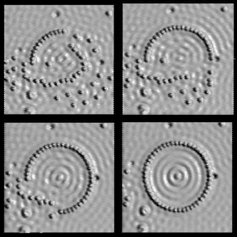 Figure 7: Kvantum-karám. 48 darab Fe atom egy R = 78, 1 Å sugarú kör mentén. Figure 8: A rézben lévő felületi elektronok hullámfüggvénye a 7. ábrán kísérletileg létrehozott kvantumkarámban.