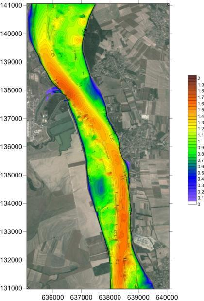 Slika 53. Raspored apsolutnih brzina strujanja [m/s] na potezu Dunava od rkm 1519 do rkm 1530 Nuklearna elektrana Paks, ekstremno visoki vodostaj (Q 20.000godina = 14.